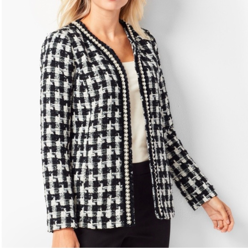 Pearl-Trim Tweed Jacket-Women's Black and White Jacket-size 16